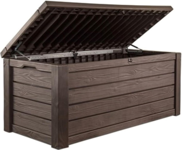 Keter thegardenwood 150 Gallon Plastic Backyard Outdoor Storage Deck Box for Patio Decor, Furniture Cushions, Garden Tools, and Pool Accessories, Espresso