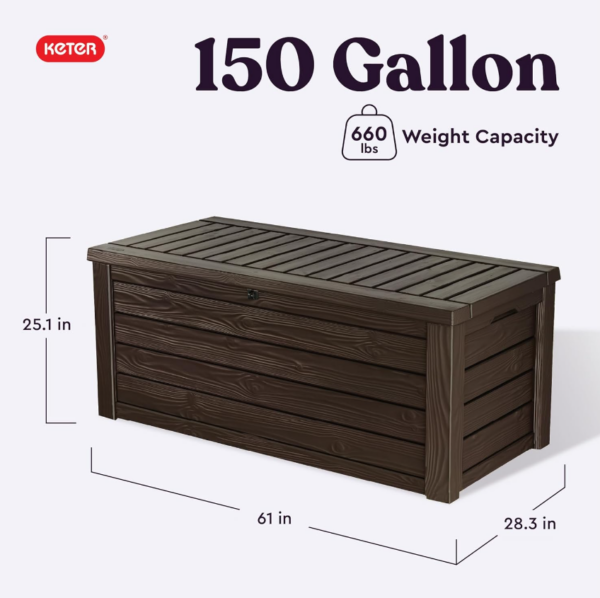 Keter thegardenwood 150 Gallon Plastic Backyard Outdoor Storage Deck Box for Patio Decor, Furniture Cushions, Garden Tools, and Pool Accessories, Espresso - Image 2