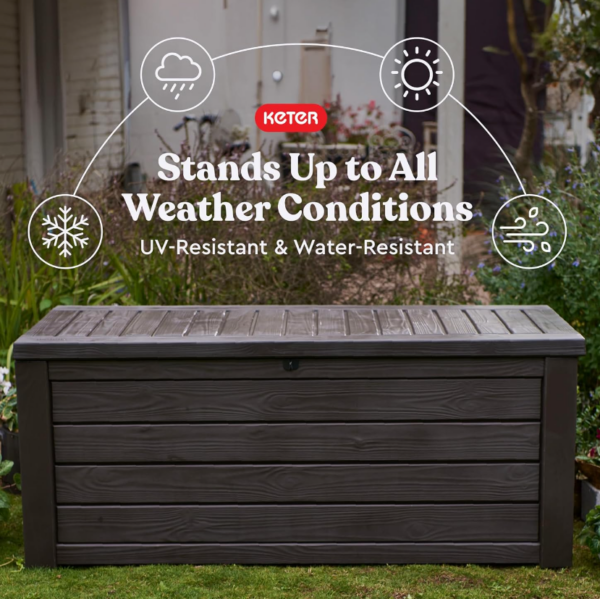 Keter thegardenwood 150 Gallon Plastic Backyard Outdoor Storage Deck Box for Patio Decor, Furniture Cushions, Garden Tools, and Pool Accessories, Espresso - Image 4