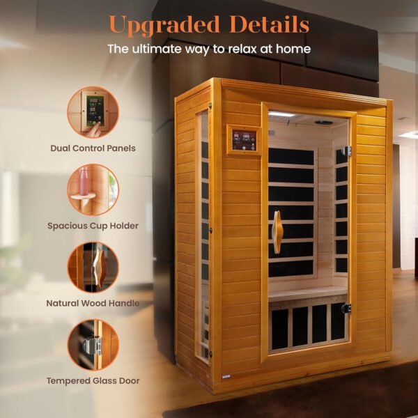 2 Person Low EMF 6 Heating Panel Infrared Therapy Wood Dry Heat Sauna with Bluetooth, MP3 Aux Connection for Home Spa Days (2 Person) - Image 3