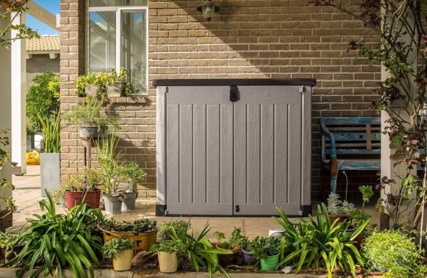 Keter Store It Out Pro Outdoor Garden Furniture Storage Shed Beige with Brown Lid Fade Free All Weather Resistant Safe and Secure Zero Maintenance 5 year Warranty