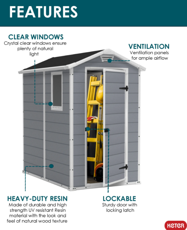 thegardenwood Keter Manor 4 ft. x 6 ft. Durable Resin Outdoor Storage Shed With Heavy Duty Floor and Locking Door, Gray and White - Image 4