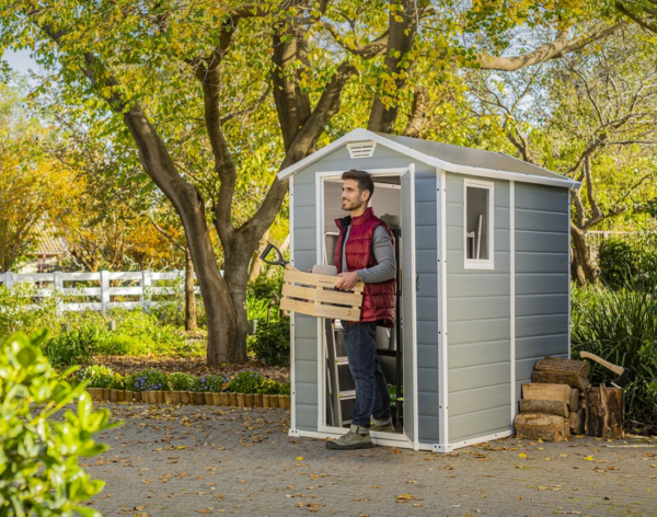 thegardenwood Keter Manor 4 ft. x 6 ft. Durable Resin Outdoor Storage Shed With Heavy Duty Floor and Locking Door, Gray and White - Image 5