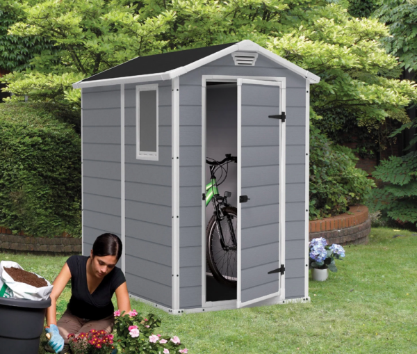 thegardenwood Keter Manor 4 ft. x 6 ft. Durable Resin Outdoor Storage Shed With Heavy Duty Floor and Locking Door, Gray and White - Image 7