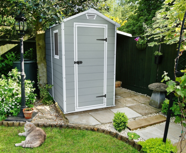 thegardenwood Keter Manor 4 ft. x 6 ft. Durable Resin Outdoor Storage Shed With Heavy Duty Floor and Locking Door, Gray and White